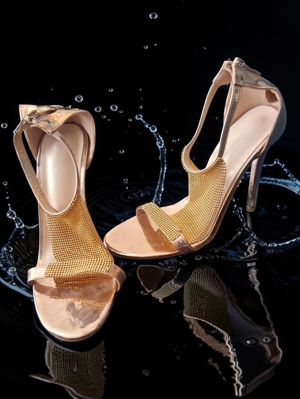 Gold Rhinestone T-Strap High Heel Sandals Women's Shoes Size 38(7.5) Sexy Edgy